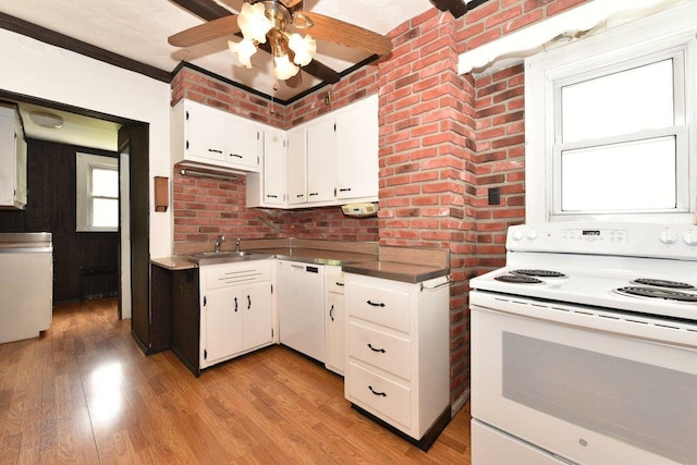 50 Fordham St, Williston Park, NY 11596 - kitchen with white appliances, a sink, ceiling fan, white cabinetry, and light wood-type flooring