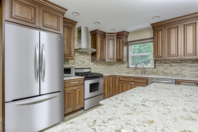 11 Kings Gate Rd, Suffern, NY 10901 - kitchen with appliances with stainless steel finishes, wall chimney range hood, light stone countertops, a sink, and decorative backsplash