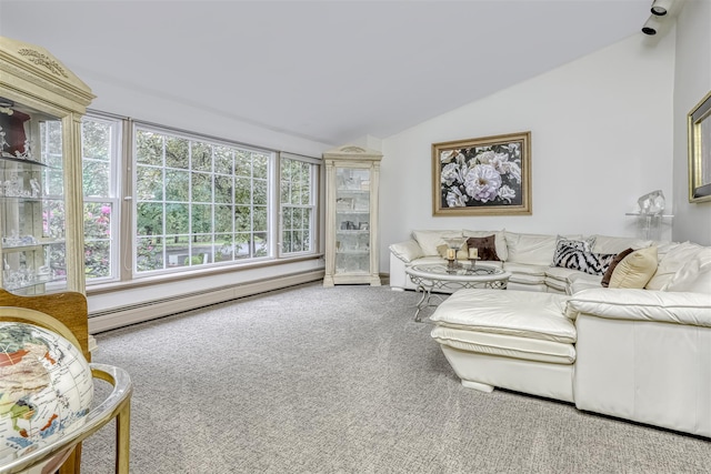 11 Kings Gate Rd, Suffern, NY 10901 - carpeted living area with a baseboard heating unit and vaulted ceiling