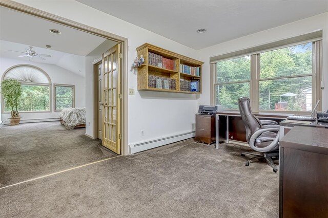 11 Kings Gate Rd, Suffern, NY 10901 - carpeted office with a baseboard radiator, a ceiling fan, vaulted ceiling, and recessed lighting