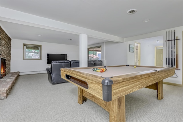 11 Kings Gate Rd, Suffern, NY 10901 - recreation room with carpet, pool table, a brick fireplace, baseboard heating, and baseboards