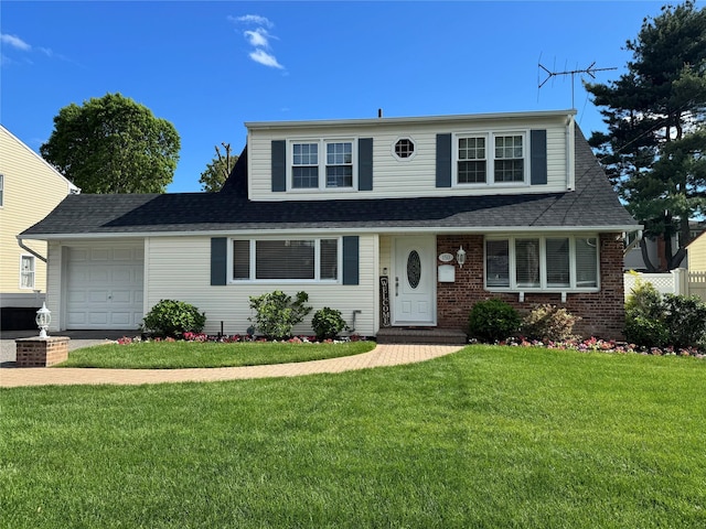 150 Arthur St, Massapequa Park, NY 11762 - traditional-style house featuring a garage, a front lawn, a shingled roof, and brick siding