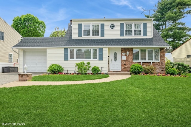 150 Arthur St, Massapequa Park, NY 11762 - view of front of house featuring a garage, a front lawn, a shingled roof, and brick siding