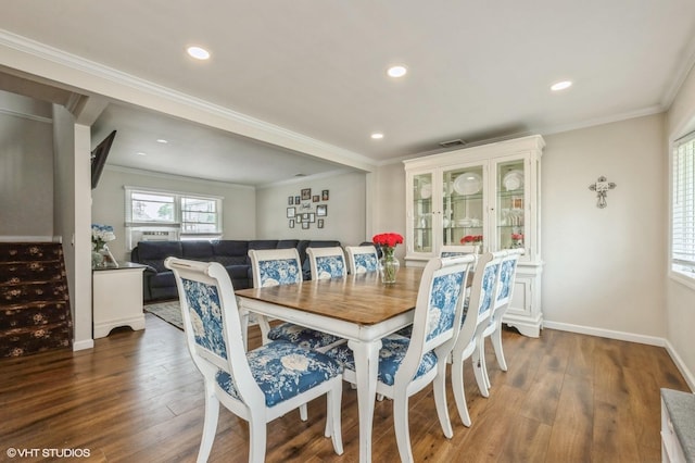 150 Arthur St, Massapequa Park, NY 11762 - dining space with wood finished floors, baseboards, ornamental molding, recessed lighting, and stairway