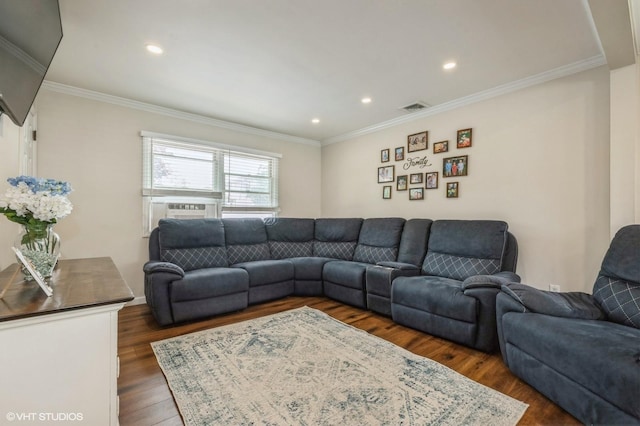 150 Arthur St, Massapequa Park, NY 11762 - living area with dark wood-style floors, ornamental molding, recessed lighting, and cooling unit
