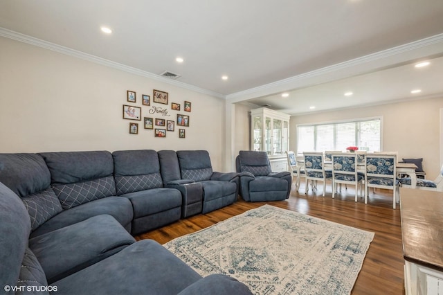 150 Arthur St, Massapequa Park, NY 11762 - living area with crown molding, dark wood-type flooring, and recessed lighting