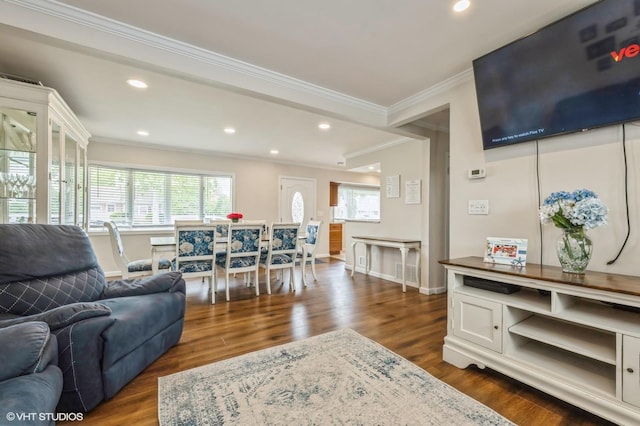 150 Arthur St, Massapequa Park, NY 11762 - living room with ornamental molding, baseboards, dark wood-type flooring, and recessed lighting