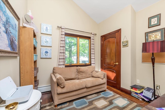41-27 Orient Ave, Douglaston, NY 11363 - living room with wood finished floors, a baseboard heating unit, lofted ceiling, and baseboards