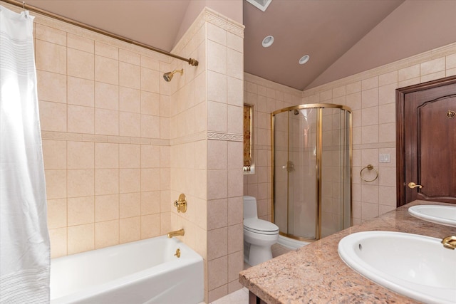 41-27 Orient Ave, Douglaston, NY 11363 - full bathroom featuring vaulted ceiling, double vanity, toilet, shower / tub combo, and recessed lighting