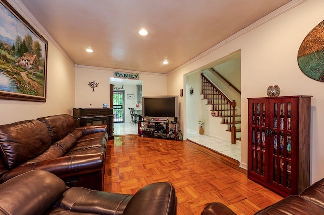 2588 Stedman Pl, Bronx, NY 10469 - living room featuring ornamental molding, stairs, recessed lighting, and baseboards