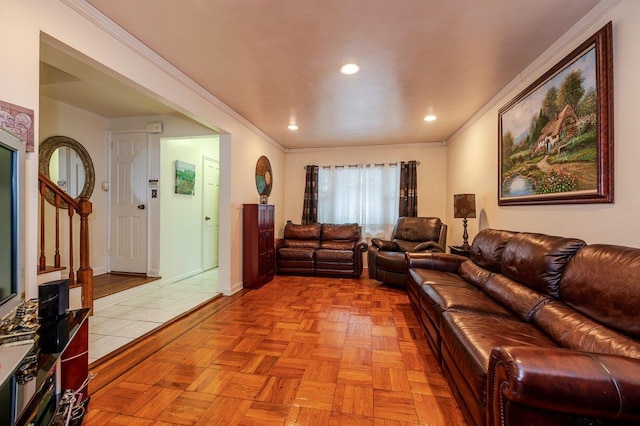 2588 Stedman Pl, Bronx, NY 10469 - living area featuring recessed lighting, crown molding, baseboards, and stairs