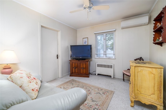 1427 Dartmouth St, Baldwin, NY 11510 - carpeted living area featuring radiator heating unit, a wall mounted AC, crown molding, and a ceiling fan