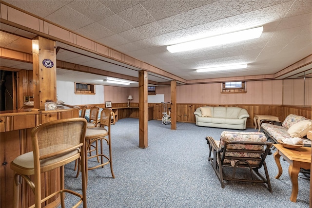 1427 Dartmouth St, Baldwin, NY 11510 - carpeted living room featuring a dry bar, wooden walls, and a wainscoted wall