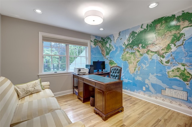 14 Rockwood Rd W, Manhasset, NY 11030 - office area featuring baseboards, light wood-type flooring, recessed lighting, and wallpapered walls