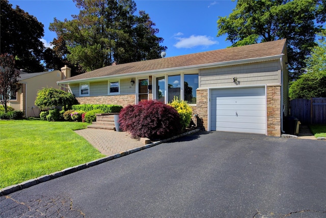 55 Richfield St, Plainview, NY 11803 - ranch-style house featuring stone siding, driveway, and a garage