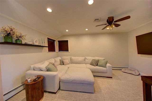 55 Richfield St, Plainview, NY 11803 - living room featuring a baseboard radiator, a ceiling fan, recessed lighting, light colored carpet, and baseboards