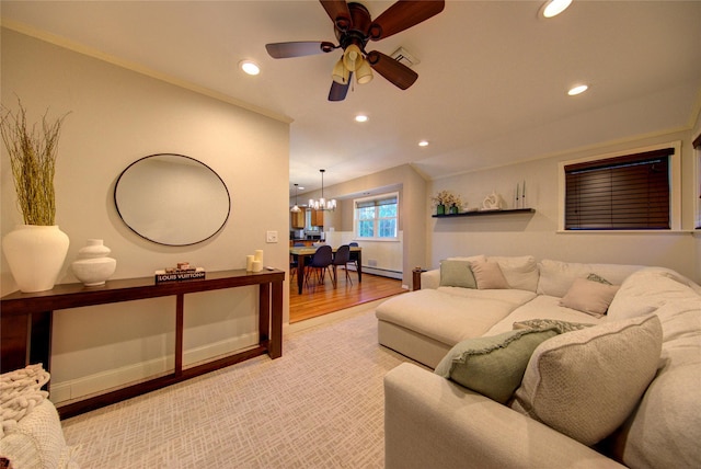 55 Richfield St, Plainview, NY 11803 - living area featuring recessed lighting, a chandelier, a ceiling fan, light wood-style flooring, and baseboard heating