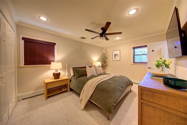 55 Richfield St, Plainview, NY 11803 - bedroom with light carpet, baseboard heating, baseboards, crown molding, and recessed lighting