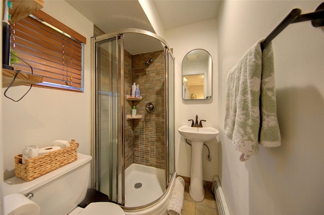 55 Richfield St, Plainview, NY 11803 - full bath featuring a baseboard heating unit, a stall shower, toilet, and tile patterned floors