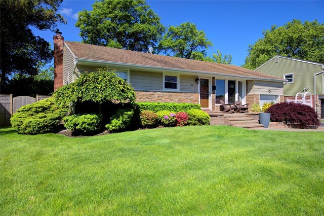 55 Richfield St, Plainview, NY 11803 - single story home with a chimney and stone siding
