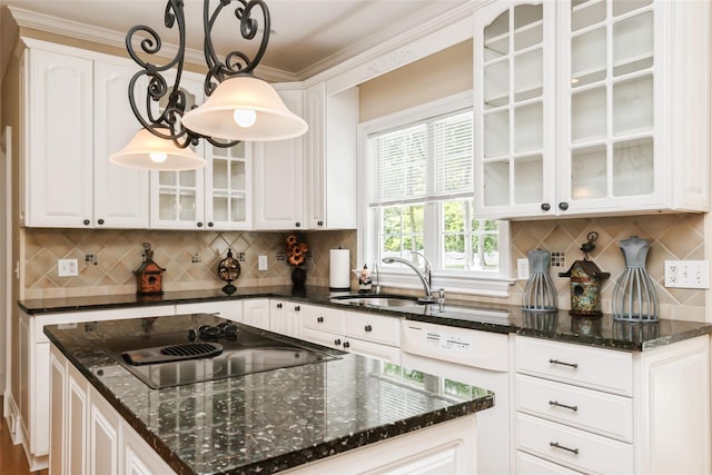 30 Lawrence Rd, Kings Park, NY 11754 - kitchen featuring a sink, black electric cooktop, white cabinets, and ornamental molding
