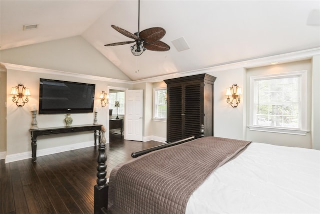 30 Lawrence Rd, Kings Park, NY 11754 - bedroom with vaulted ceiling, hardwood / wood-style flooring, baseboards, ceiling fan, and connected bathroom