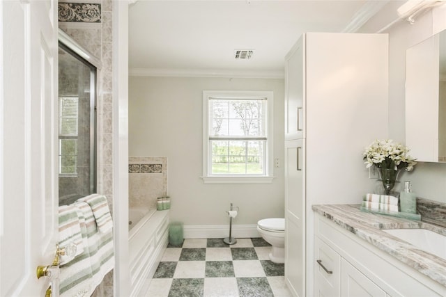 30 Lawrence Rd, Kings Park, NY 11754 - full bathroom with vanity, toilet, ornamental molding, a garden tub, and baseboards