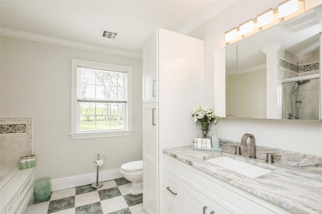 30 Lawrence Rd, Kings Park, NY 11754 - bathroom with baseboards, vanity, ornamental molding, toilet, and a garden tub