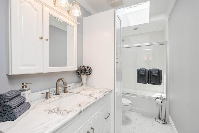 30 Lawrence Rd, Kings Park, NY 11754 - bathroom with toilet, vanity, shower / bath combination with glass door, marble finish flooring, and ornamental molding