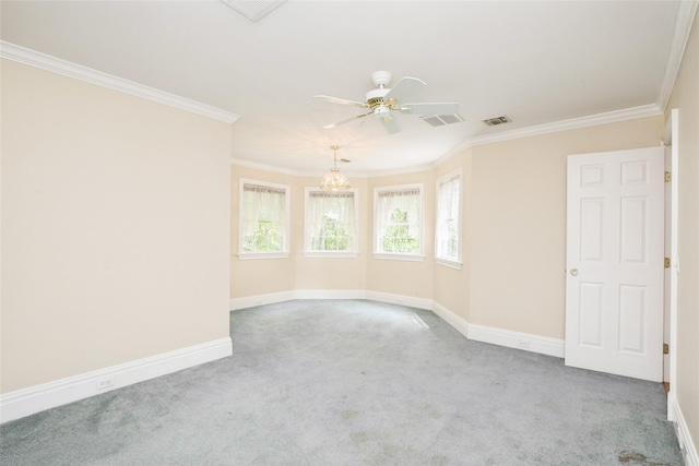 30 Lawrence Rd, Kings Park, NY 11754 - empty room with carpet floors, crown molding, a chandelier, baseboards, and a ceiling fan