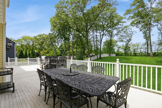 30 Lawrence Rd, Kings Park, NY 11754 - wooden terrace with outdoor dining area and view of wooded area