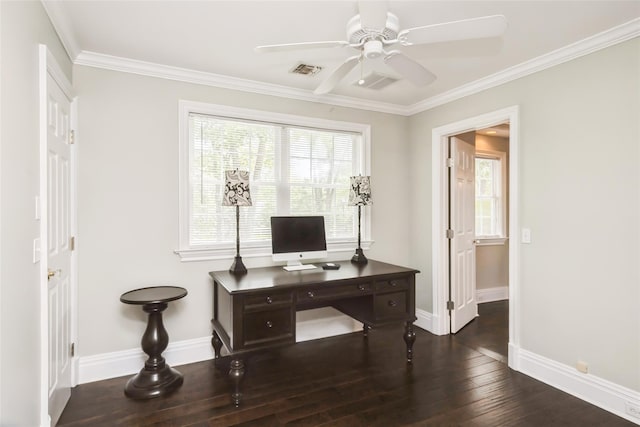 30 Lawrence Rd, Kings Park, NY 11754 - office space featuring ceiling fan, wood-type flooring, baseboards, and crown molding