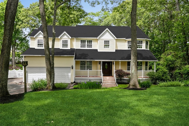 30 Lawrence Rd, Kings Park, NY 11754 - view of front facade featuring a porch, an attached garage, a front yard, and driveway