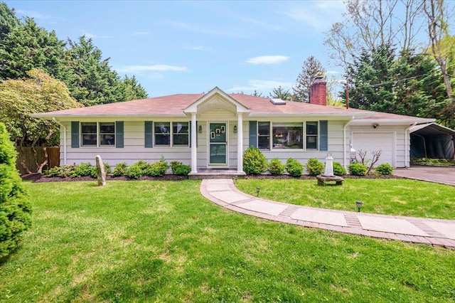 4200 Rocky Point Rd, East Marion, NY 11939 - single story home featuring a chimney, a front yard, a garage, driveway, and a carport