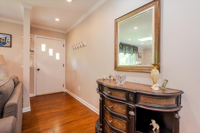 4200 Rocky Point Rd, East Marion, NY 11939 - foyer entrance featuring crown molding, wood finished floors, baseboards, and recessed lighting