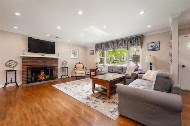 4200 Rocky Point Rd, East Marion, NY 11939 - living room with ornamental molding, a skylight, wood finished floors, recessed lighting, and baseboards