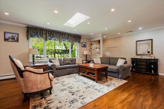 4200 Rocky Point Rd, East Marion, NY 11939 - living room featuring wood finished floors, a skylight, recessed lighting, ornamental molding, and a baseboard heating unit