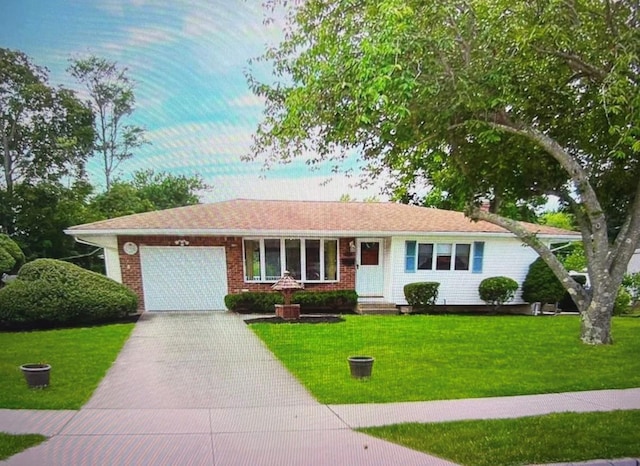 50 Mills Pond Rd, Saint James, NY 11780 - ranch-style house with an attached garage, a front yard, driveway, and brick siding