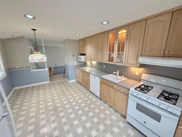 50 Mills Pond Rd, Saint James, NY 11780 - kitchen featuring white appliances, under cabinet range hood, a sink, recessed lighting, and light brown cabinetry