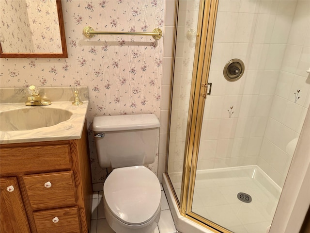 50 Mills Pond Rd, Saint James, NY 11780 - full bath featuring wallpapered walls, a stall shower, vanity, and toilet