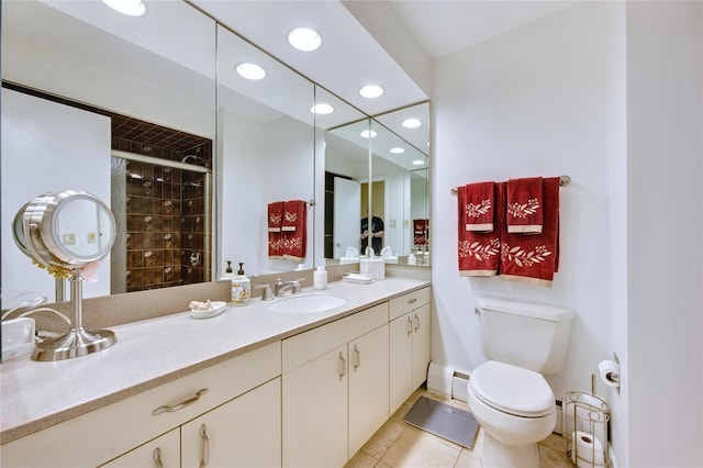 29 Cross Bow Ln, Commack, NY 11725 - bathroom featuring toilet, a stall shower, tile patterned floors, vanity, and recessed lighting