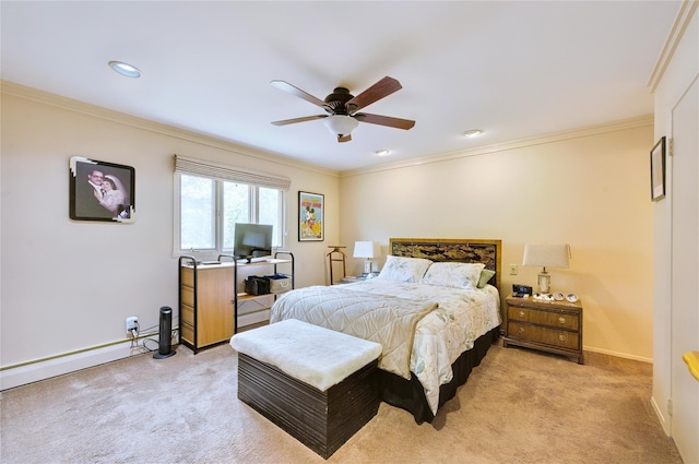 29 Cross Bow Ln, Commack, NY 11725 - bedroom featuring light carpet, baseboards, crown molding, recessed lighting, and a ceiling fan