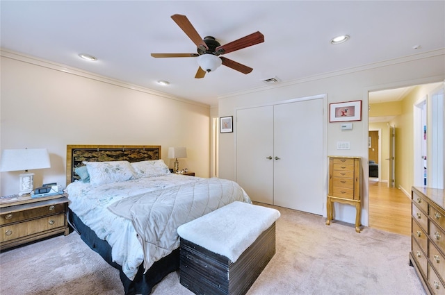 29 Cross Bow Ln, Commack, NY 11725 - bedroom featuring ornamental molding, light carpet, a closet, recessed lighting, and ceiling fan
