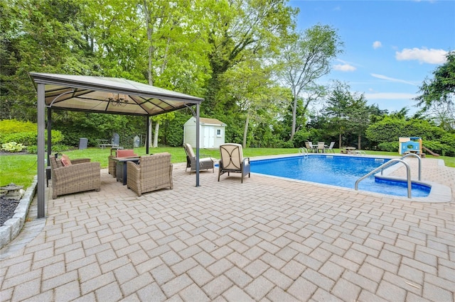 29 Cross Bow Ln, Commack, NY 11725 - outdoor pool with a gazebo, a patio, an outdoor hangout area, and view of scattered trees