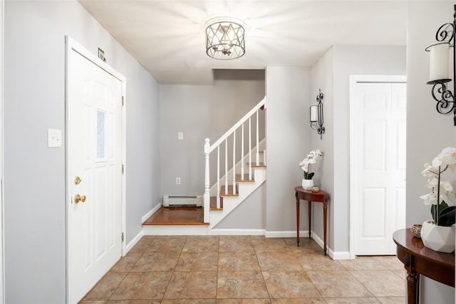 17 Daytona Beach Pl, Coram, NY 11727 - entryway featuring stairway, a baseboard radiator, a chandelier, and baseboards