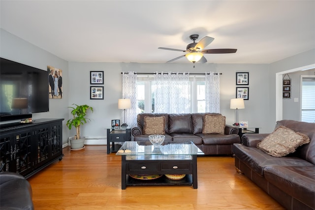 17 Daytona Beach Pl, Coram, NY 11727 - living room featuring a baseboard heating unit, a ceiling fan, light wood-style floors, and baseboards