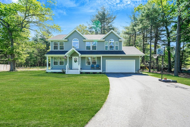 59 Middle Island Blvd, Middle Island, NY 11953 - view of front facade with driveway, covered porch, a front yard, a garage, and a shingled roof