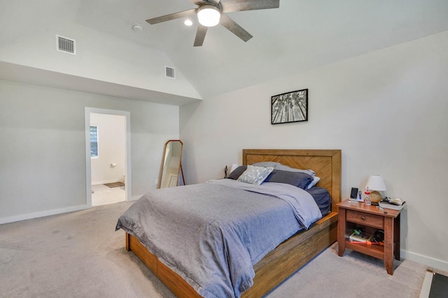 59 Middle Island Blvd, Middle Island, NY 11953 - bedroom with light carpet, vaulted ceiling, baseboards, ceiling fan, and ensuite bath