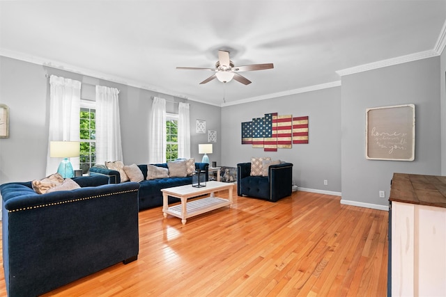 8 Roosa Rd, Wallkill, NY 12589 - living room featuring ceiling fan, light wood finished floors, ornamental molding, and baseboards
