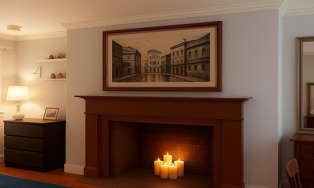 229 W 138th St, New York Manhattan, NY 10030 - detailed view of ornamental molding, wood finished floors, baseboards, a smoke detector, and a fireplace with flush hearth